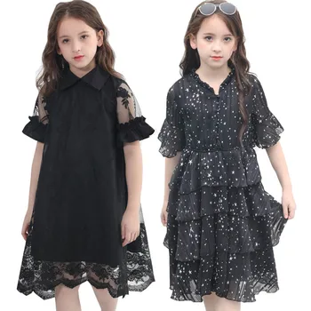 

Teen Girls Dresses Summer Girls Clothes Chiffon Print Black Mesh Lace Party Girls Princess Dress 12 14 Years Kids Dress Children