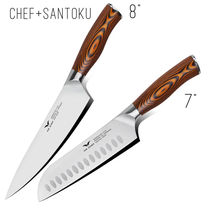Профессиональный набор ножей, японский шеф-повара, комплект ножей, немецкая сталь, кухонные столовые приборы, кухонные принадлежности, деревянная ручка, очень острые - Цвет: Chef-Santoku