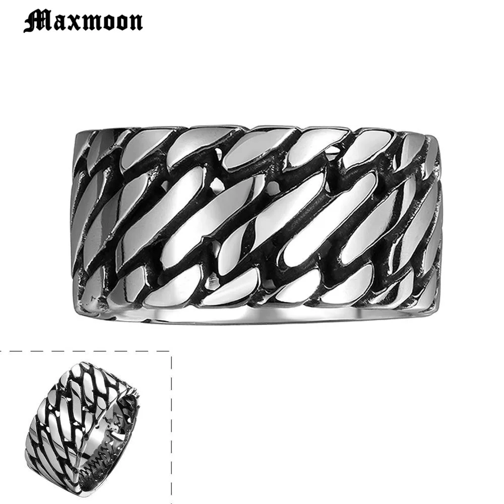 

Maxmoon Hot Sale Finger Art Retro Titanium Stainless Steel Buddha Ring Punk Biker Jewelry Wide Chain Ring Drop Shipping
