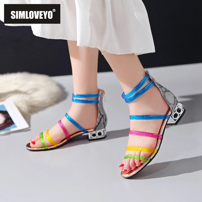 

SIMLOVEYO New arrival 2019 Fashion leather gladiator sandals women transparent pvc colors square low heels summer ladies shoes