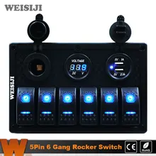 WEISIJI 1PSC LED Switch DIY With 1/2.1A Dual USB Slot Socket+Cigarette Lighter LED Rocker Switch 12/24V 6 Gang 5pin Switch Panel