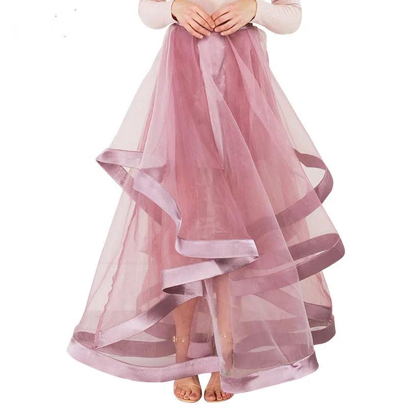 Женская длинная юбка на молнии розовая из органзы с рюшами вечеринку 2017|organza