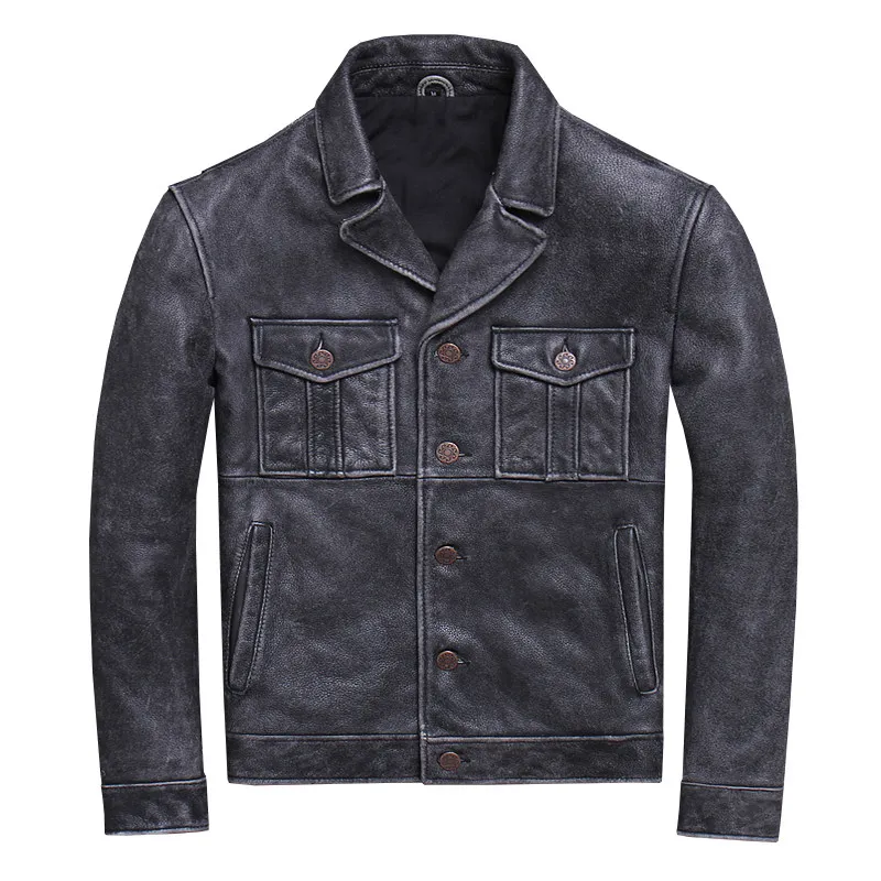 

HARLEY DAMSON Vintage Black Men Retro Biker's Leather Jacket Single Breasted Plus Size 3XL Genuine Cowhide Slim Fit Leather Coat