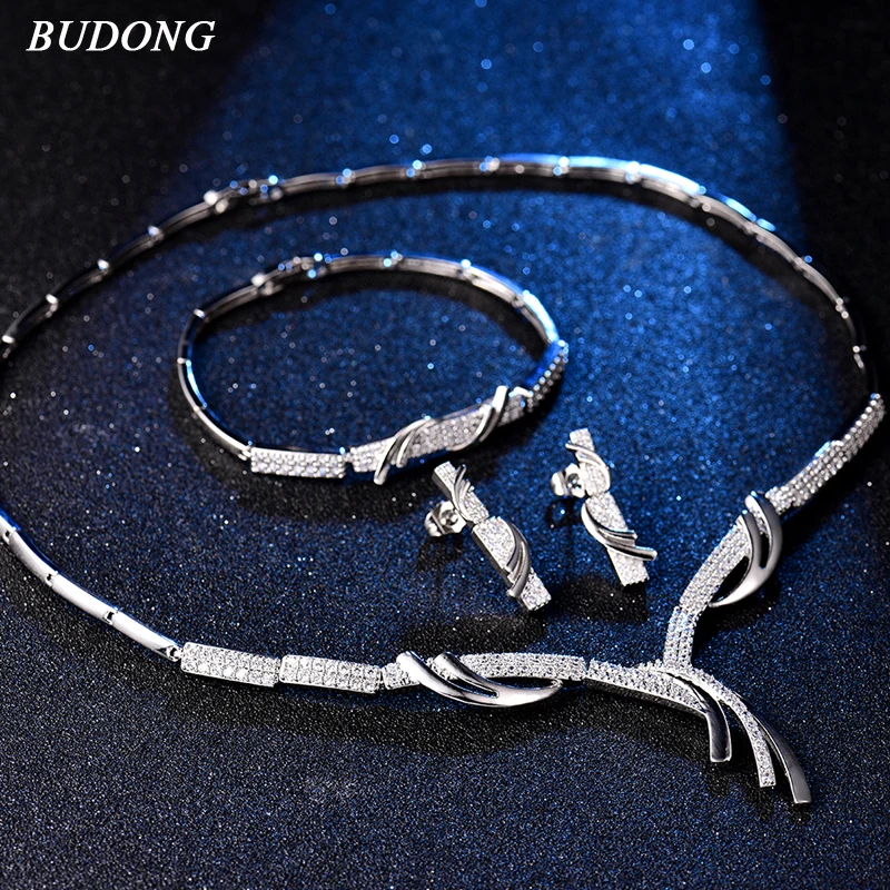 Budong Роскошные innfinity свадебные украшения, свадебные наборы Цепочки и ожерелья Серьги Браслет для невесты Обручение Jewelry Для женщин XUT809