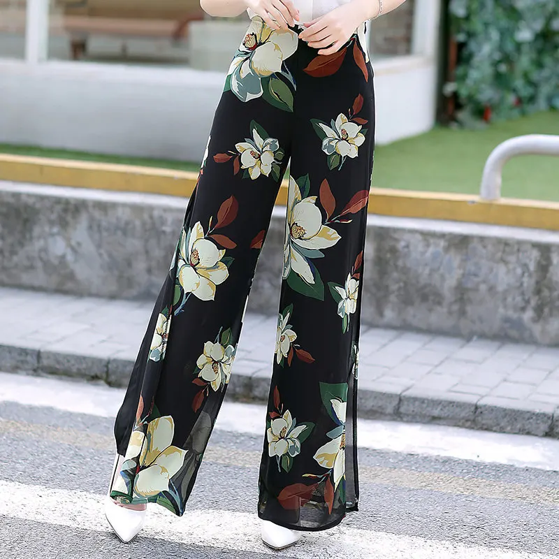 

Womens Summer Wide Leg Long Trousers Casual Vintage High Waist Chiffon Side Split Loose Bohemia Skirt Pants Capris Plus Size 4XL