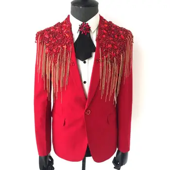 

Red men chain suits designs masculino homme terno stage costumes for singers men blazer dance clothes jacket star style dress