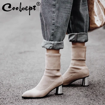 

Coolcept New Mid Calf Boots Women Autumn Winter Warm High Heel Shoes Solid Color Pointed Toe Women Socks Boots Size 31-43