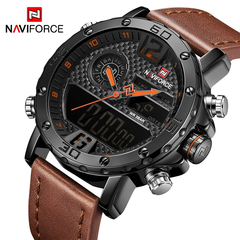 NAVIFORCE мужские часы Топ люксовый бренд кожаные спортивные кварцевые светодиодные