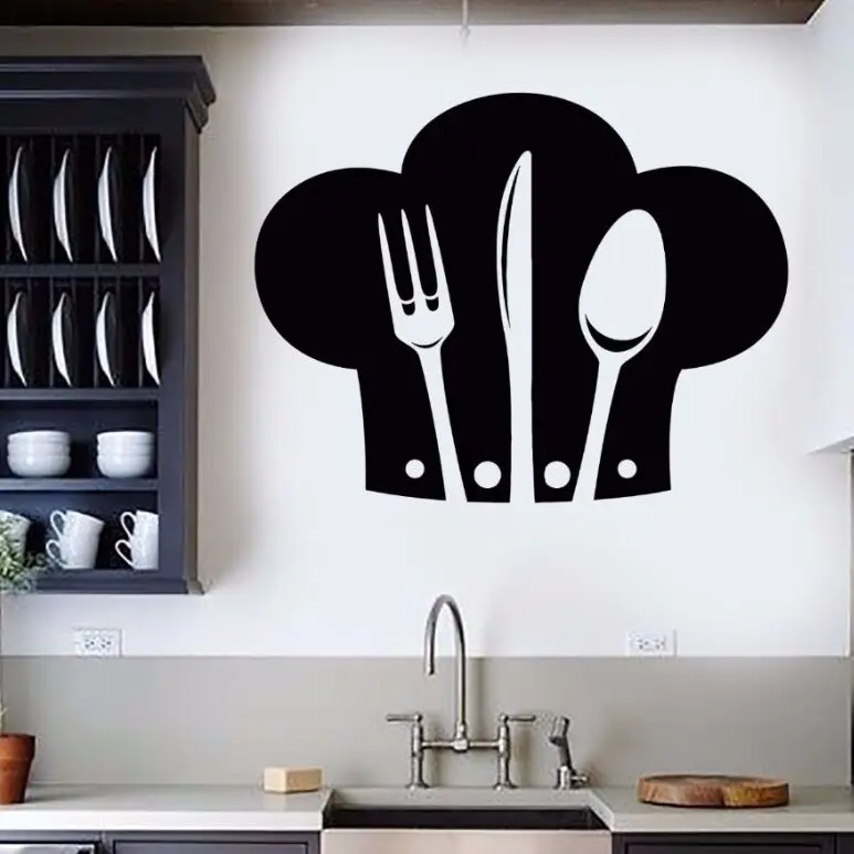 

Vinyl Wall Decal Removable Chef Hat Cutlery Wall Sticker Restaurant Kitchen Interior Design Art Decor Kitchen Wallpaper AY563