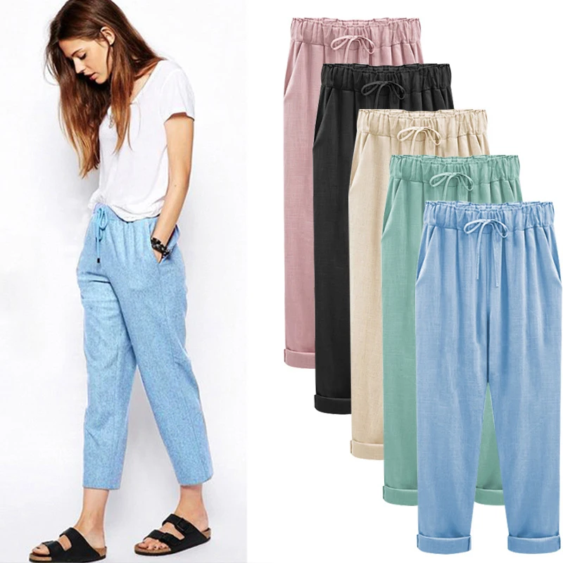 JSMYGS Harajuku Harem Pants Women Streetwear Cotton And Linen Nine Large Size Loose Thin Section Elastic Waist Capri M-6XL | Брюки