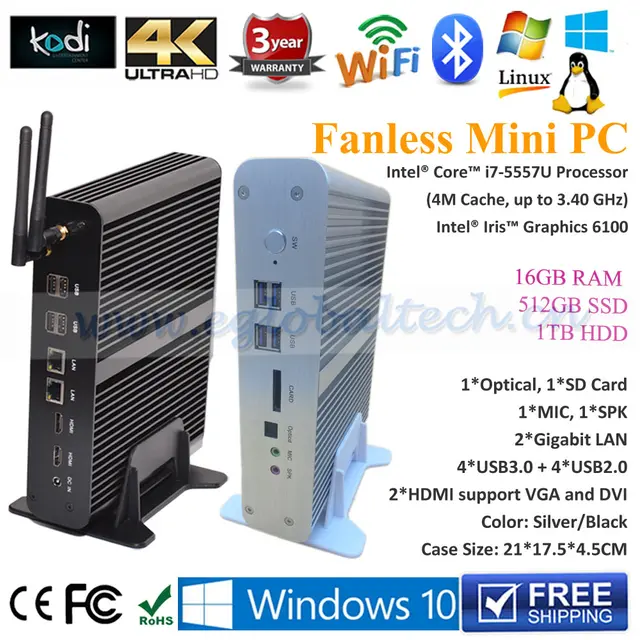 fanless minipc intel core i7 4500u 5500u 16gb ram 512gb ssd 1tb hdd