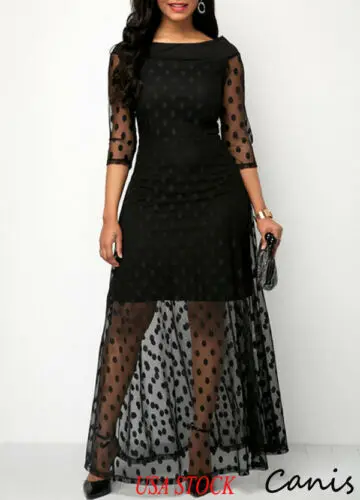 

USA Women Women Polka Dot Mesh Black Long Maxi Dress Formal Wedding Bridesmaid Evening Party Dresses