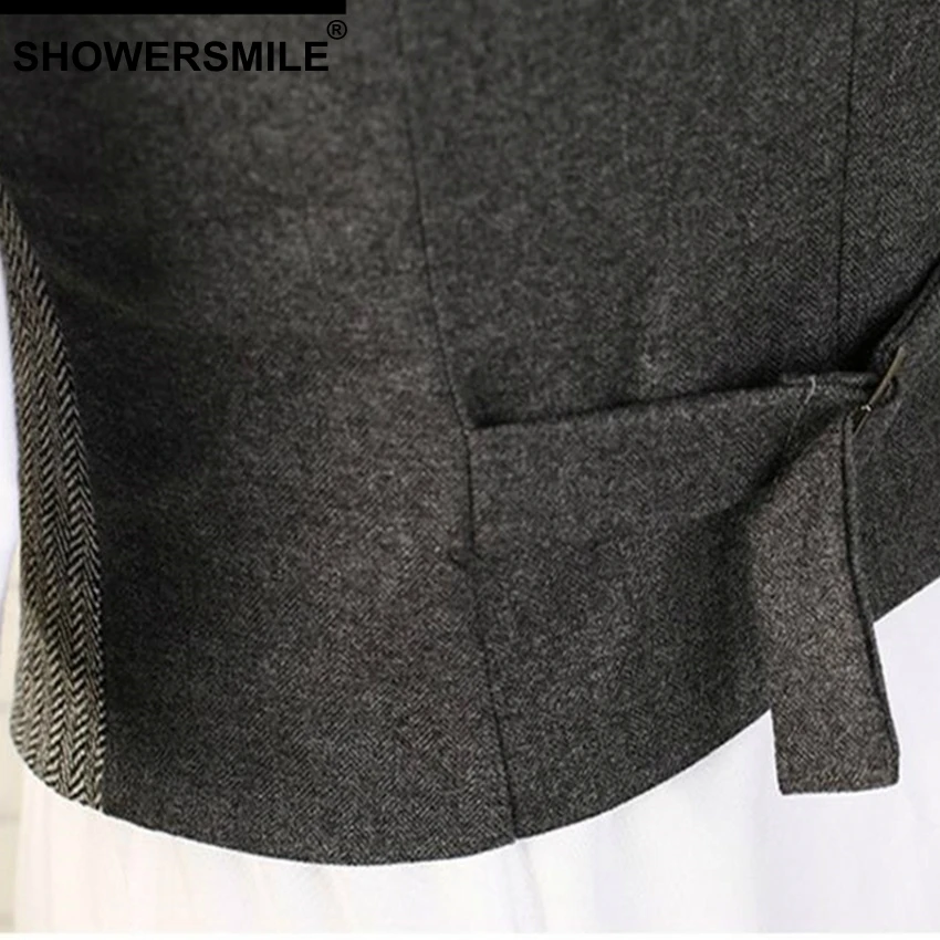 SHOWERSMILE Grey Suit Vest Women Sleeveless Jacket Female Slim Fit Striped Gray Herringbone Waistcoat England Style Clothes
