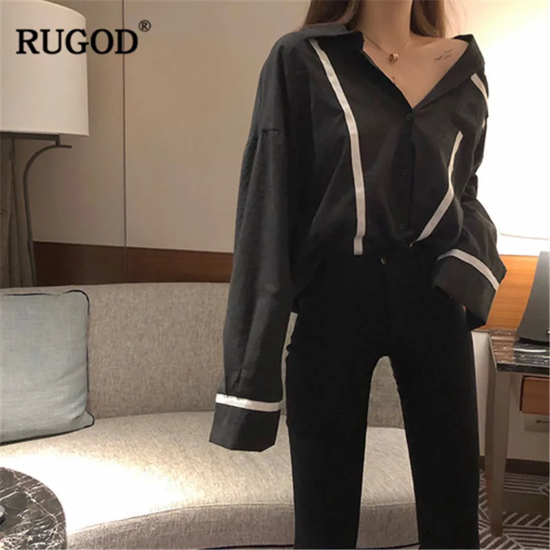 

RUGOD Sexy women shirts v neck long sleeves line across with pocket fashion designed korean style casual spring blusas mujer