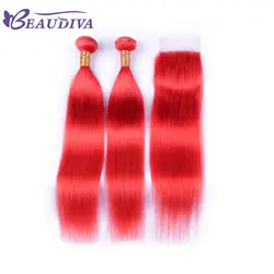 Beaudiva 2 Связки с закрытием переплетения человеческих волос Связки с закрытием красного цвета Малайзии прямые волосы пучки волос
