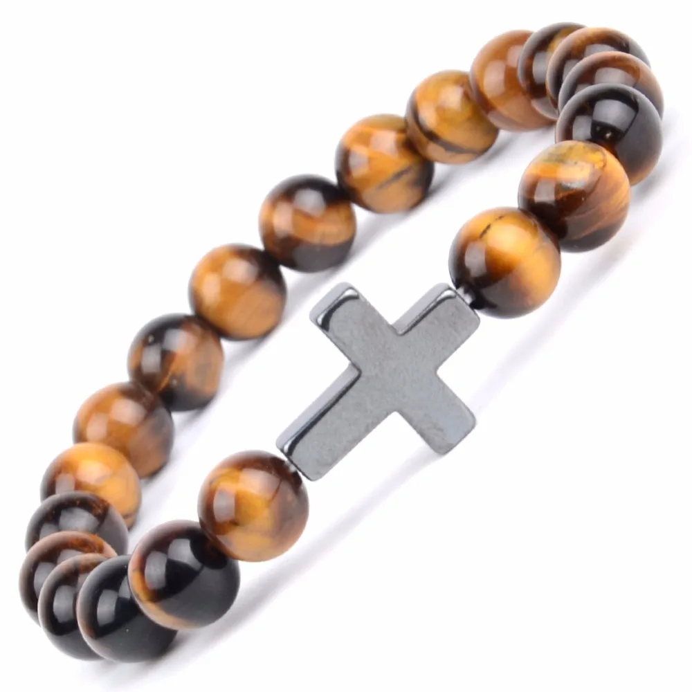 Религиозная, христианская браслеты для мужской браслет натуральный ювелирный камень желтый тигровый глаз бисерные браслеты женский крест браслет