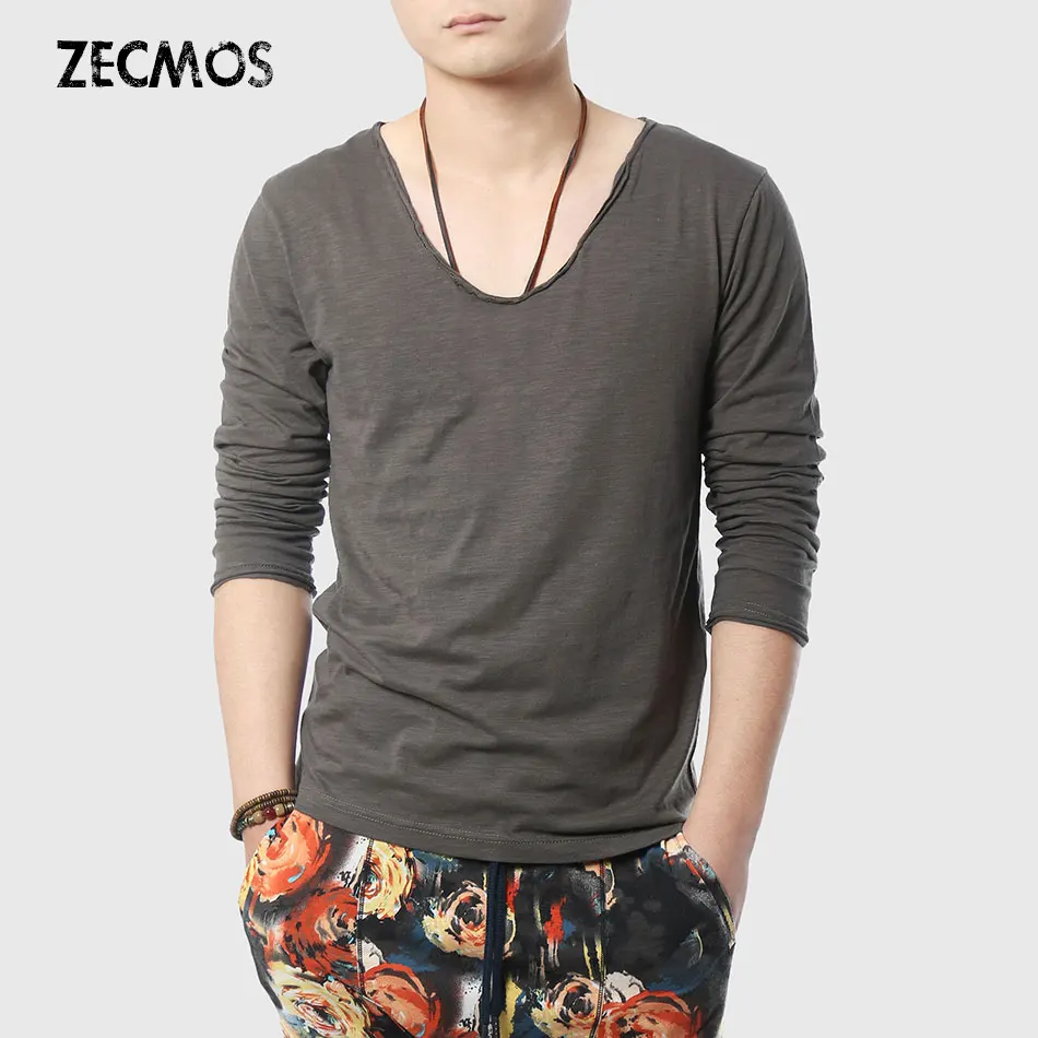Zecmos, мужские футболки с длинным рукавом, Мужская футболка с v-образным вырезом, Мужская футболка с v-образным вырезом, мужские футболки, облегающие футболки с широким низким вырезом
