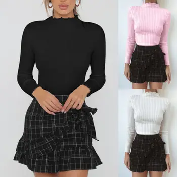 

Autumn Women Basic Style Long Sleeve High Collar Shirt Casual Plain Shirt Soft Thin Ladies Solid Color Slim Top
