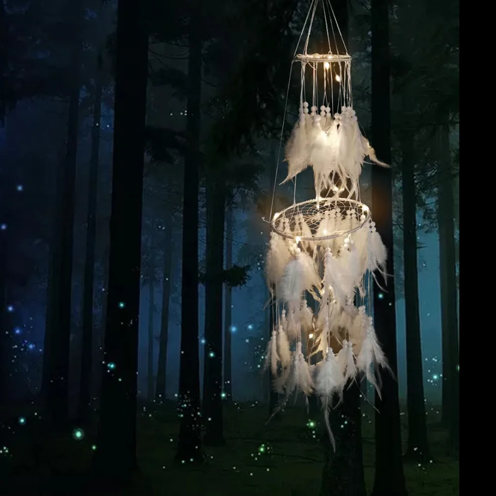 

double Dreamcatcher Handmade Night Light Ball mesh Feather Dream Wall Hangings Catcher Wind Chimes Feathers Car Home Decor F520