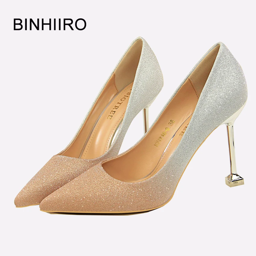 

BINHIIRO Woman Pumps Thin High Heels Sequined Gradient Bling Wedding Shoes Pointed Toe Elegant Black Pumps For Women Party Shoes