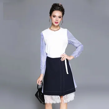 

2017Autumn Fashion Ladies contrast color elegant Dress stripe lace patchwork dress cultivating casual vestido Plus size L-XXXXXL