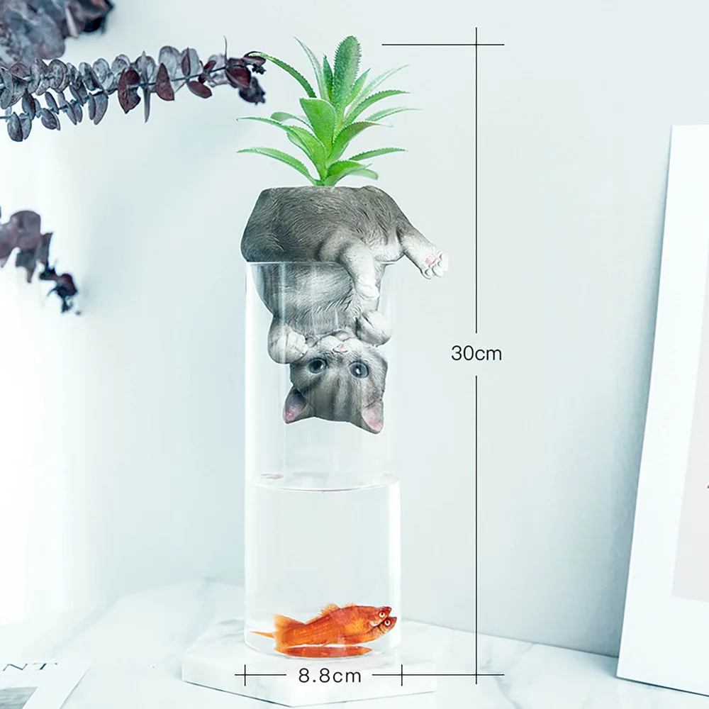 Betta fish tank cute naughty inverted cat dog hamster baby in cup with simulation succulents indoor decor ornaments aquarium new