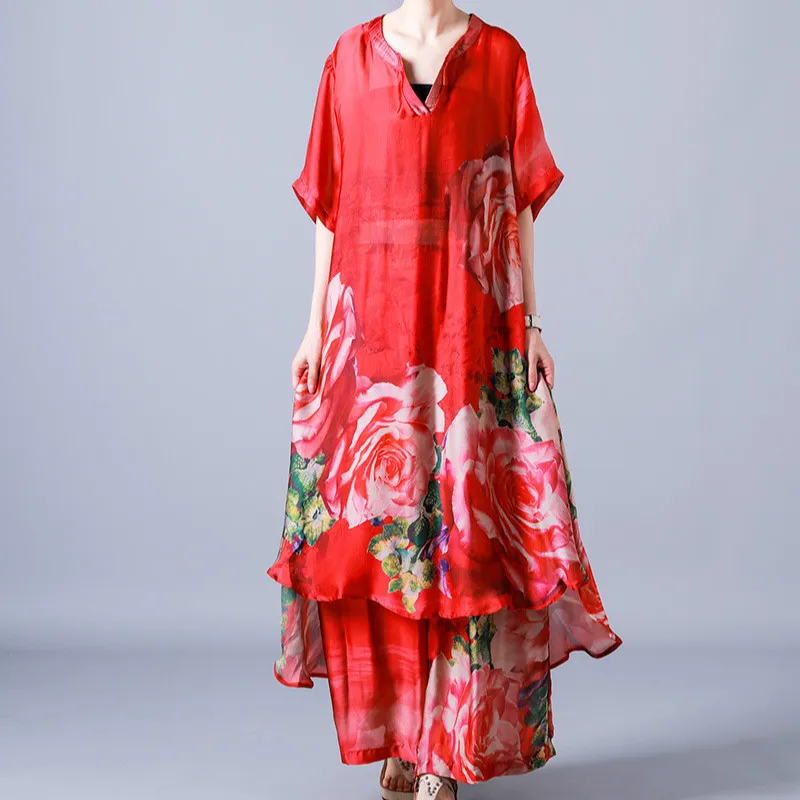 

Plus Size Women Clothing Set 2019 Summer Big Flowers Printed V-Neck Irregular Long Top + Elastic Waist Wide Leg Pant Suit Female