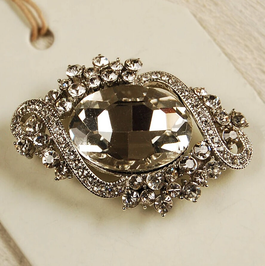 

2 Inch Rhodium Silver Plated Clear Rhinestone Crystal Big Glass Crystal Bridesmaid Brooch