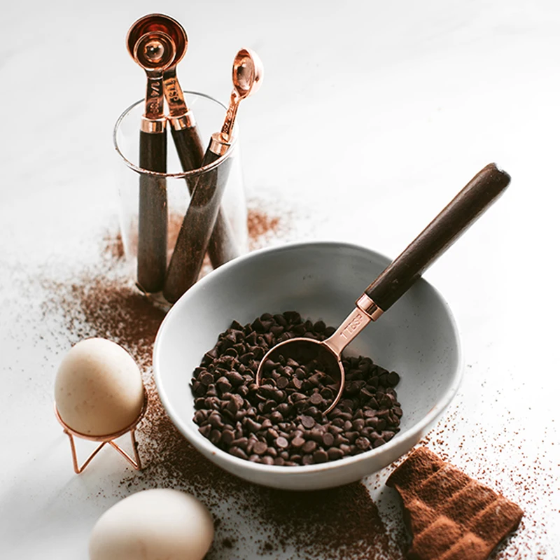 4pcs Rose Gold Measuring Spoons Wood Handle Stainless Steel Measuring Spoon Set Coffee Scoop Kitchen Scale Baking Cooking Tools (7)
