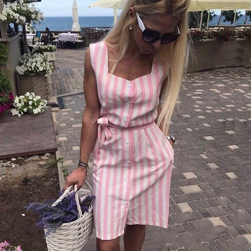

brand design Sleeveless Summer Beach Dress Women Sexy Slim Strap Midi Dress Striped vestidos Square Collar robe femme