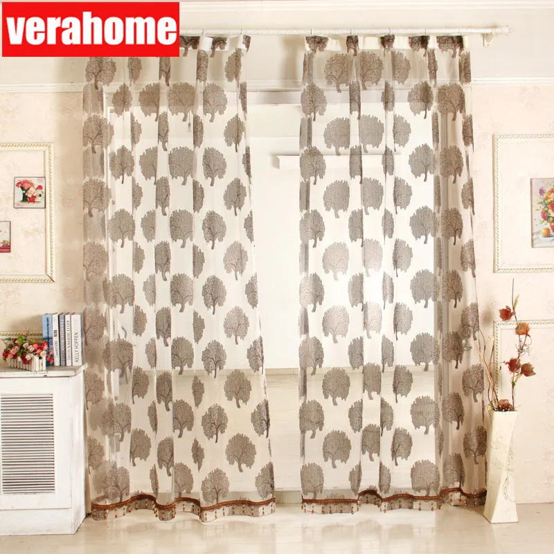 

Modern fashion Jacquard brown trees tulle sheer windows curtains for living room bedroom floral net fabric