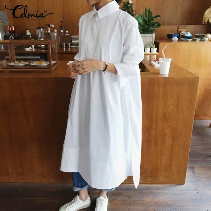 

Celmia Elegant Women Long Sleeve Casual Dress Solid Buttons Irregular Hem Dress 2019 Autumn Vintage Work Midi Vestidos Plus Size