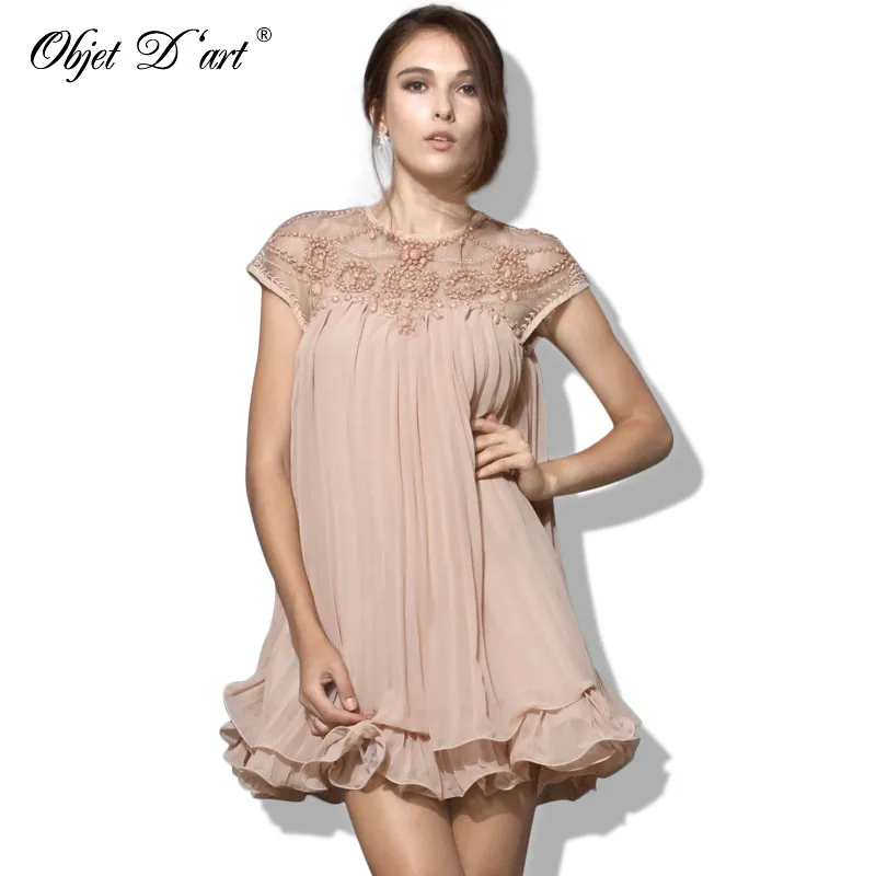 Spring Women Emboridery Lace Patchwork Pleated Short Dress Summer Cascading Ruffle Dress Elegant Casual Apricot Chiffon