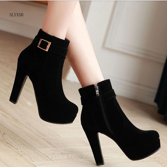 SLYXSH/женские ботильоны на высоком каблуке со шнуровкой; сезон осень-зима; женские ботинки на платформе; модная обувь; цвет белый, черный, коричневый; большие размеры