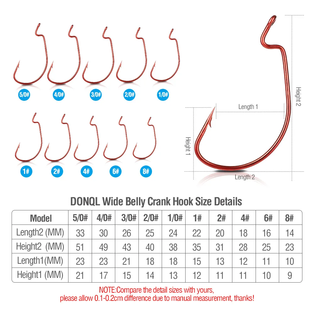 DONQL 10pcs/ Set Wide Crank Offset Fishing Hook Carbon Steel Red Barbed Fishhook For Soft Worm Lure 5/0#-1# Carp Fishing Hooks