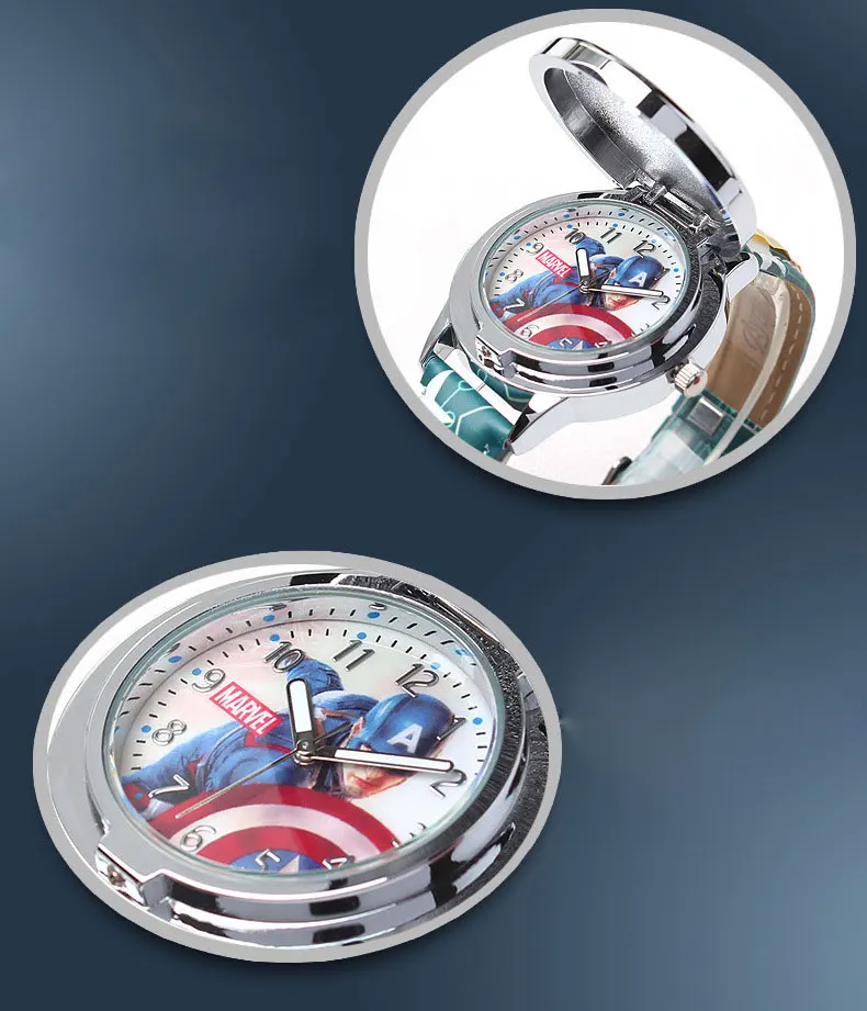 DISNEY Брендовая детская часы Капитан Америка кварцевые часы для детей кожа Водонепроницаемый наручные часы для мальчика подарки на день