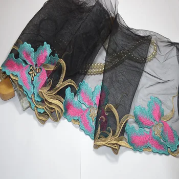 

2 yards/lot 27cm pink and blue flower black Embroidery Lace Trim lace accessories textile fabrics 043007