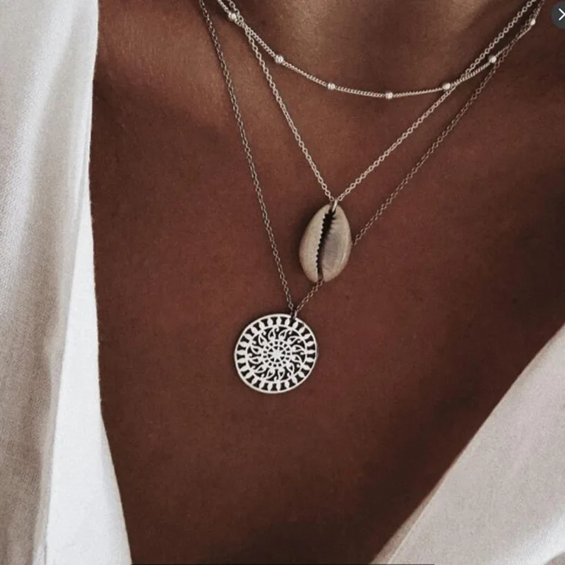 

2019 Summer Beach Sun Seashell Women Layering Bead Multilayered Silver Chain Necklace Dainty Delicate Jewelry Gifts for Her