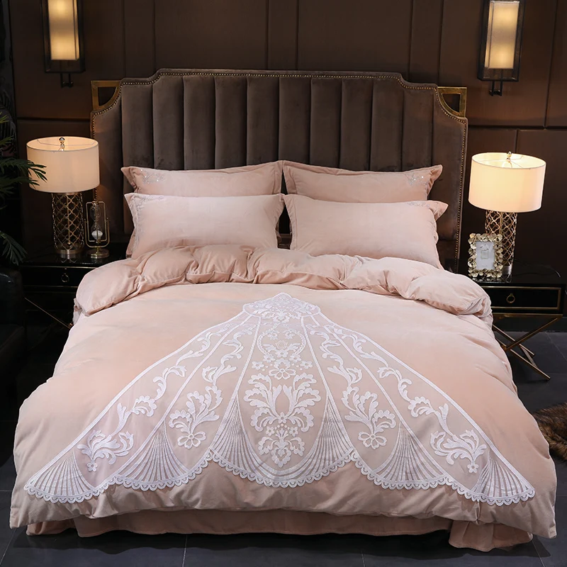 

Beige Blue Pink Purple Brown Red Flannel Winter Thick Lace Bedding set Soft Fleece fabric Duvet cover Bed Sheet/Linen Pillowcase