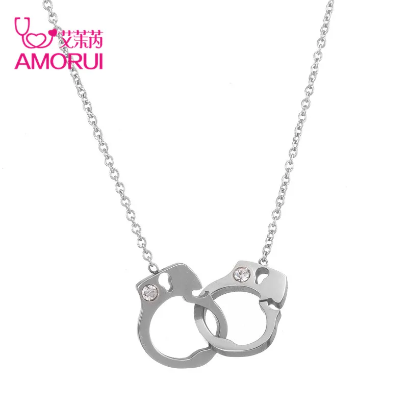 AMORUI Trendy Crystal Handcuff Round Women Rose Gold Silver Pendant Chain Necklace Stainless Steel Statement Women Choker