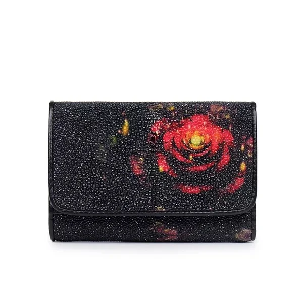 

Floral Designer Genuine Stingray Skin Leather Female Women's Black Short Wallet Card Case Ladies Small Flower Clutch Purse
