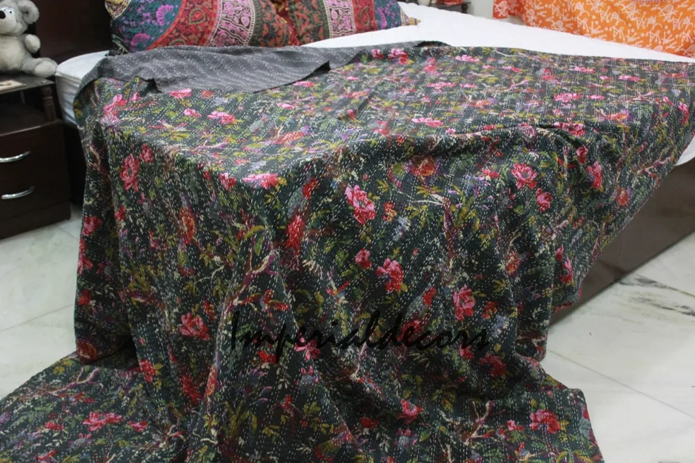 Vintage Print Bird Kantha Twin Size Bedspread Quilt Bed Cover Kantha Throw
