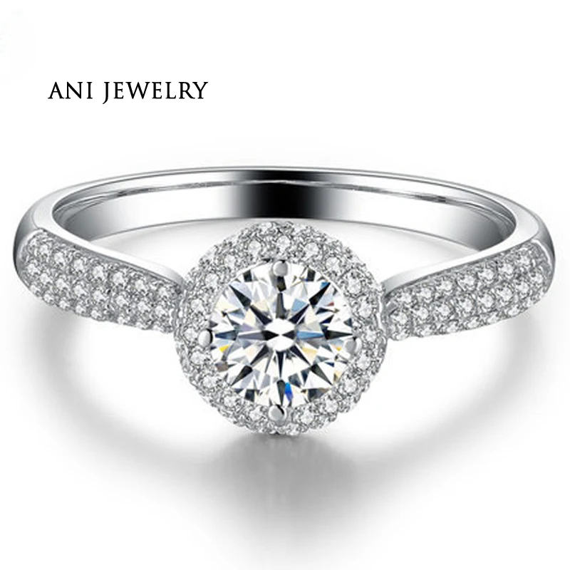 

ANI 18K White Gold (AU750) Engagement Ring 0.65 CT Certified SI Round Diamond 3 Rows Drill Halo Bague Fine Jewelry Customized