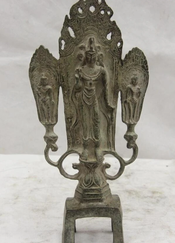 

BeiWei Buddhist old Bronze Copper 3 Guan Yin Kwan-yin Stand Lotus Buddha Statue