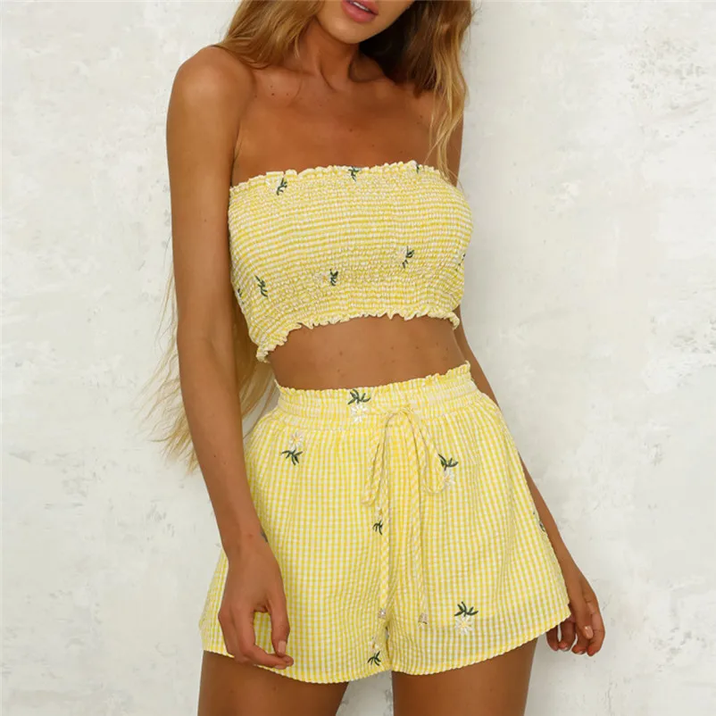 Feitong Fashion Women Girls Set Floral Print Off Shoulder Vest Tank Tops Mini Shorts Bandage Pants Set Summer Beach Suit 3D07 (3)
