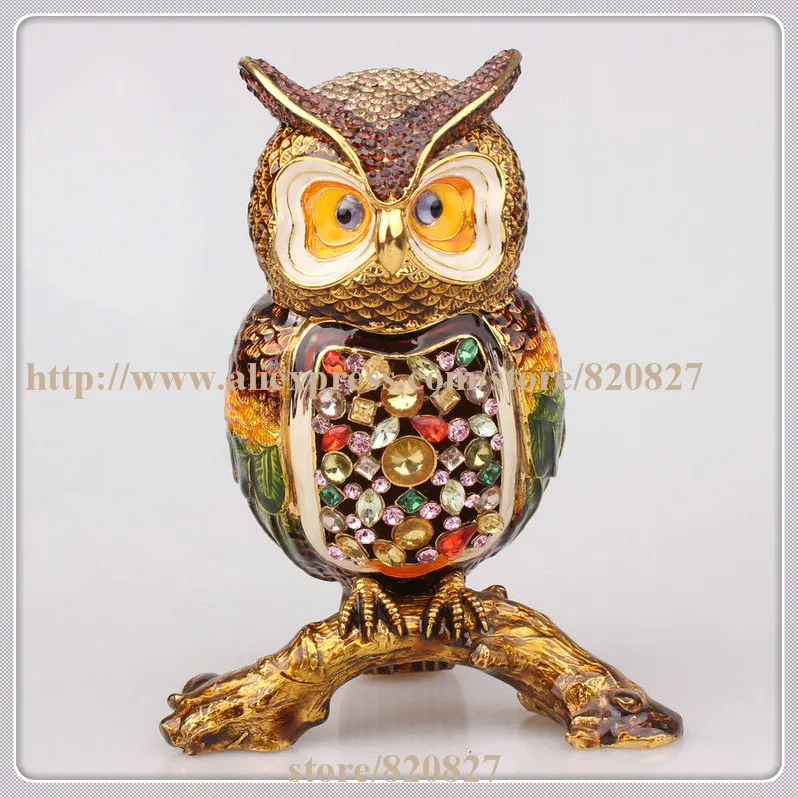 

Beautiful OWL Crystal Studded Pewter Jewelry Trinket Box with Gift Box Owls Perched on Tree Log Figurine