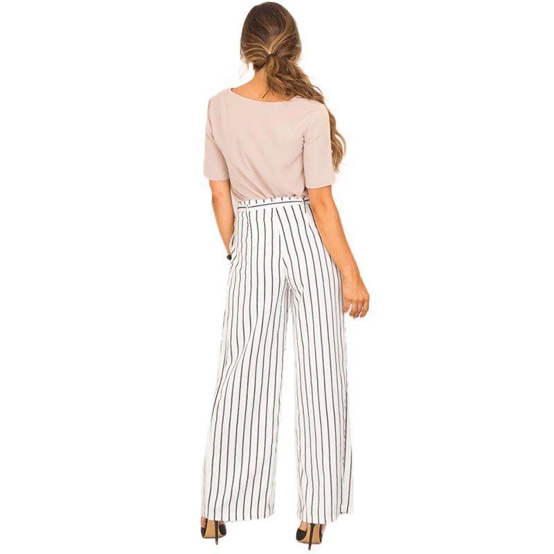 YELL ROLAN Summer Women Casual Loose Wide Leg Pants 2018 New Striped Trousers Office Lady Work Pants Beach Party Belt Pantaloon Pants