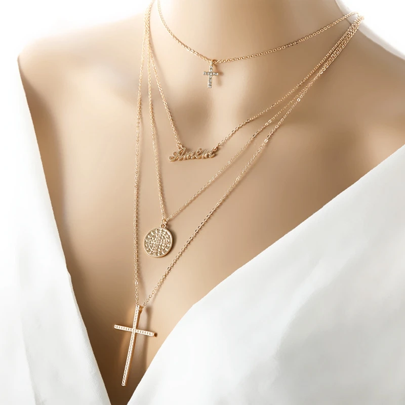 Gold Color Cross Letter Round Pendant Necklace Boho Multi Layer Choker Chain Link Necklace For Women Fashion Jewelry Gift