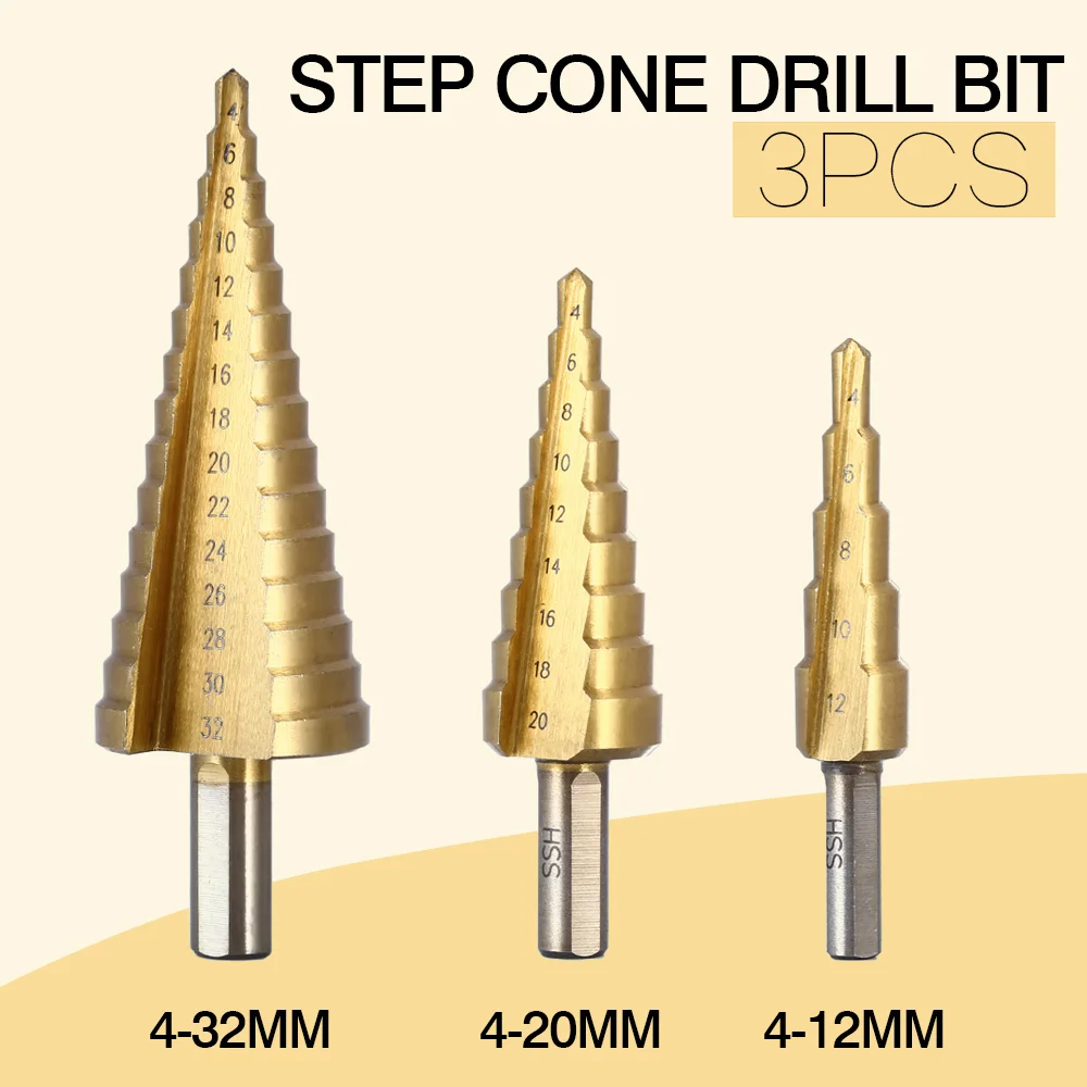 

3pcs/set HSS Titanium Step Cone Metal Drill Bits 4-12mm 4-20mm 4-32mm Hole Cutting Woodworking Metal Wood Drilling Power Tools