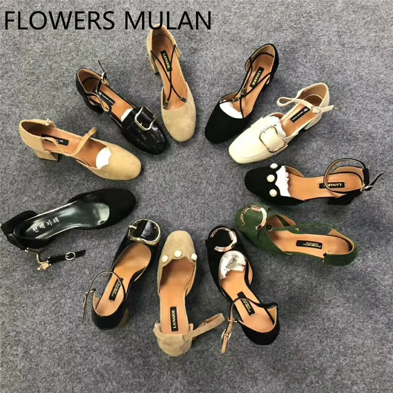 

Cheap Price Women Sandals In Stock Black Green Beige Suede Zapatos De Mujer Ankle Buckle Chunky Heel Shoes Woman 2019 Designers